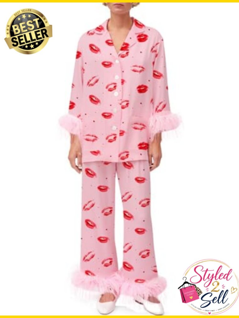 Women Feather Trim Satin Pajama Set Long Sleeve Button Shirt Lounge Pants